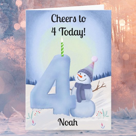 Name 4th Birthday Snowman with Snowy Four Kaart