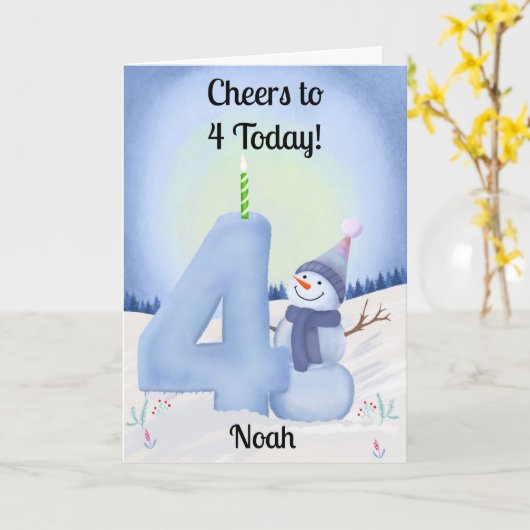 Name 4th Birthday Snowman with Snowy Four Kaart (Gele Bloem)