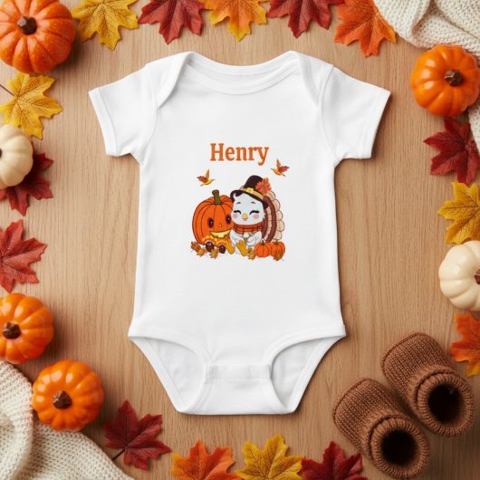 Name Baby Turkey And Pumpkin Thanksgiving  Romper