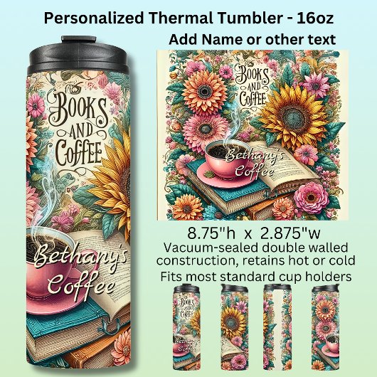 Name, Books & Coffee with Flowers Thermosbeker