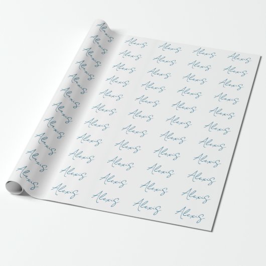Name Calligraphy Script Plain Simple White Blue Cadeaupapier (Uitgerold)