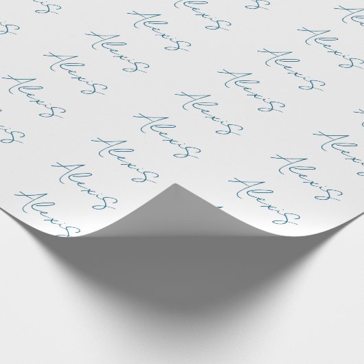 Name Calligraphy Script Plain Simple White Blue Cadeaupapier (Hoek)