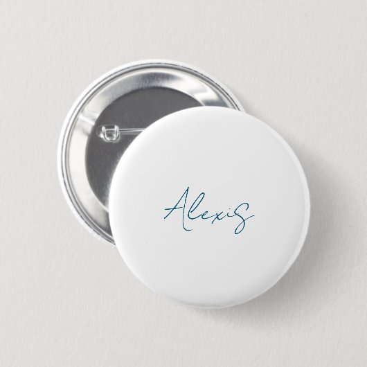 Name Calligraphy Script Plain Simple White Blue Ronde Button 5,7 Cm (Voorkant /achterkant)