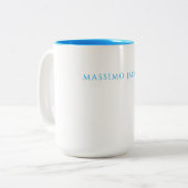 Name Calligraphy Script Plain Simple White Blue Tweekleurige Koffiemok (Voorkant links)