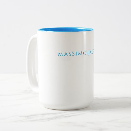 Name Calligraphy Script Plain Simple White Blue Tweekleurige Koffiemok (Voorkant links)