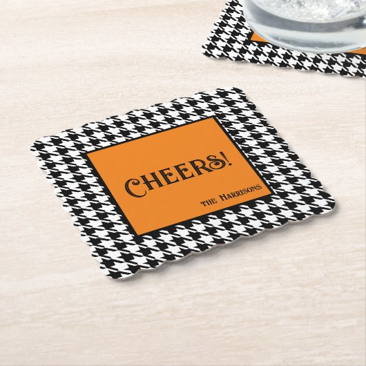 Name & Cheers! Orange Black White Houndstooth  Kartonnen Onderzetters (Gebogen)
