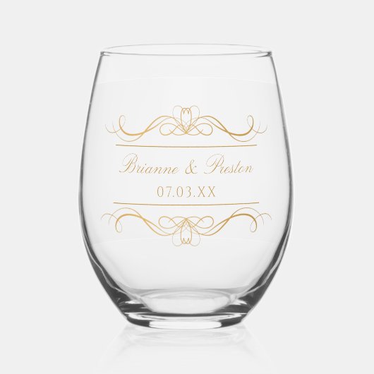 Name & Date Modern Elegant Gold Swirl Wedding Wijnglas Zonder Voet (Voorkant)