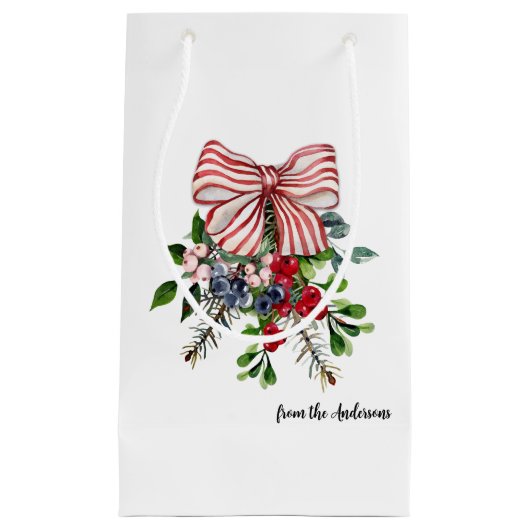 Name || Evergreen Berries and Red White Stripe Bow Klein Cadeauzakje (Voorkant)