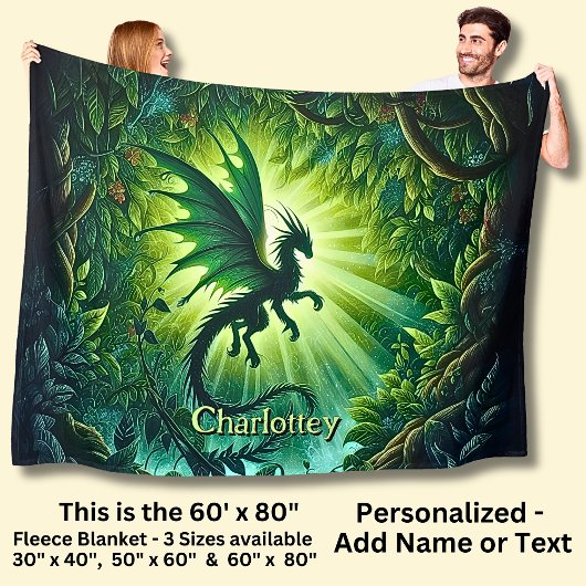 Name, Fantasy Dragon Flying in Green Light Rays Fleece Deken