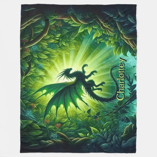 Name, Fantasy Dragon Flying in Green Light Rays Fleece Deken (Voorkant)