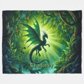 Name, Fantasy Dragon Flying in Green Light Rays Fleece Deken (Voorkant (Horizontaal))