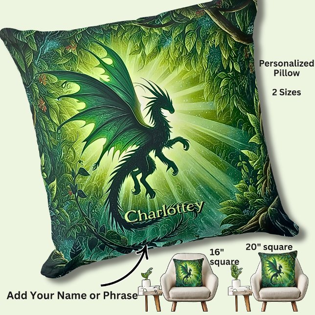 Name, Fantasy Dragon Flying in Green Light Rays Kussen (Creator heeft geüpload)