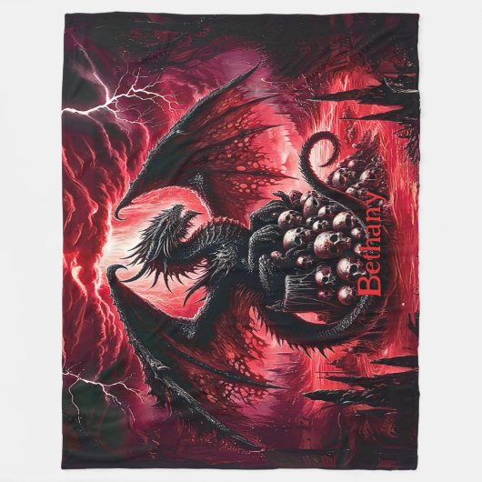 Name, Fantasy Fire Dragon with Skulls Fleece Deken (Voorkant)