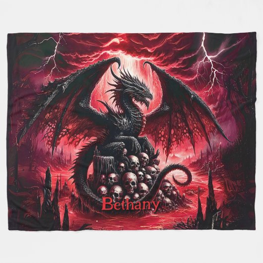 Name, Fantasy Fire Dragon with Skulls Fleece Deken (Voorkant (Horizontaal))