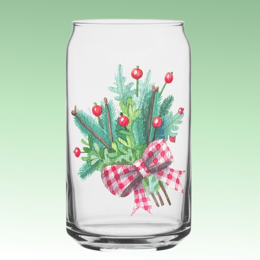 Name, Greenery Red Berries Christmas Bouquet 16oz Blikvorm Glas