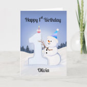 Name Happy 1st Birthday Snowman Building One Kaart (Voorkant)