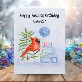 Name Happy January Birthday Cardinal with Cake Kaart