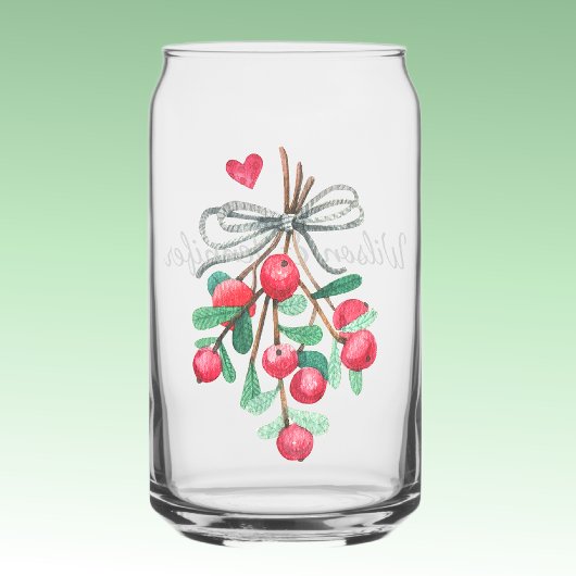 Name, Holiday Watercolor Mistletoe & Berries 16oz Blikvorm Glas