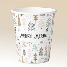 Name, Merry Merry Cute Illustrated Winter Trees Papieren Bekers