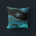 Name & Monogram Lt Teal White, Teal Blk Gold Agate Kussen<br><div class="desc">Personalize this stylish and Trendy Teal,  Gold and Black Agate design with your Name and Monogram in Light Teal and White text.</div>