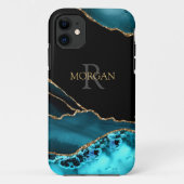 Name & Monogram, Teal Black Agate, Gold Grey Text Case-Mate iPhone Case (Achterkant)