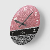 Name pastel pink glitter black leopard ronde klok (Hoek)