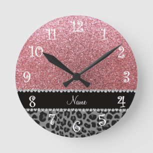 Name pastel pink glitter black leopard ronde klok