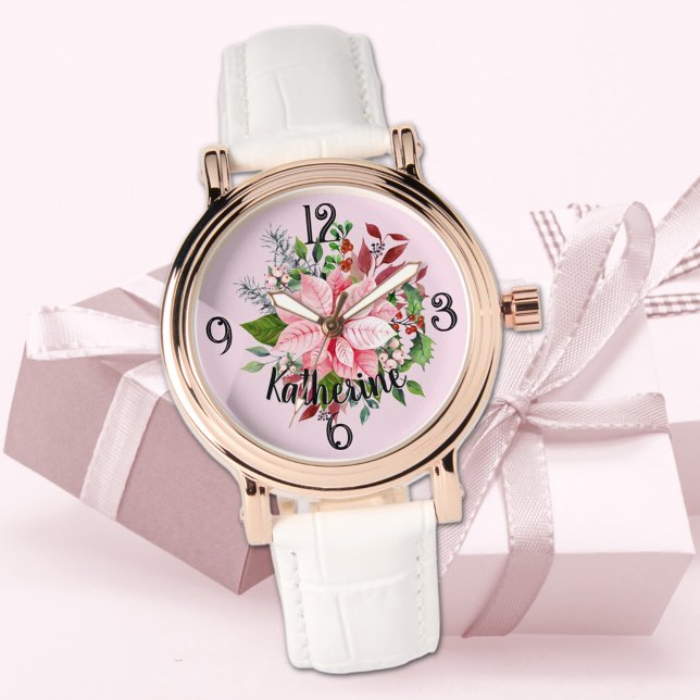 Name, Pink Poinsettia Bouquet White Leather Womans Horloge (Creator heeft geüpload)