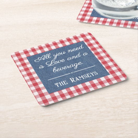 Name Quote. Red & White Check, Blue Denim Print Kartonnen Onderzetters (Schuin)
