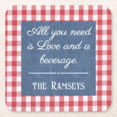 Name Quote. Red & White Check, Blue Denim Print Kartonnen Onderzetters (Voorkant)