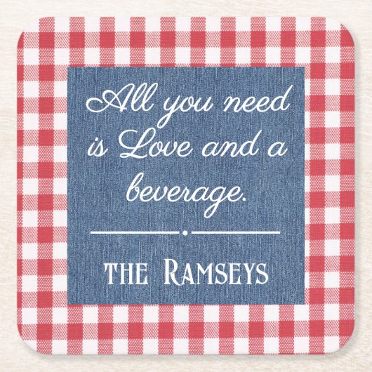 Name Quote. Red & White Check, Blue Denim Print Kartonnen Onderzetters (Voorkant)