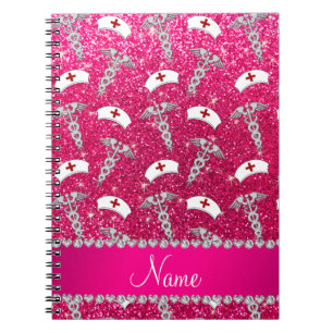 Name rose pink glitter nurse hats silver caduceus notitieboek