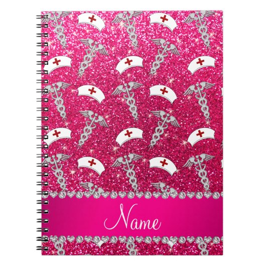 Name rose pink glitter nurse hats silver caduceus notitieboek (Voorkant)