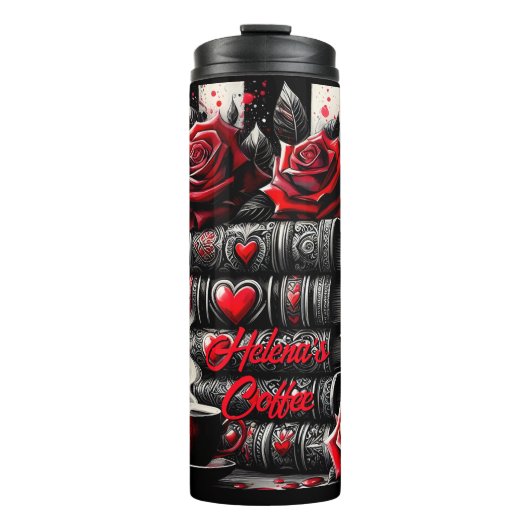Name Text, Red Roses Hearts & Books Thermosbeker (Voorkant)
