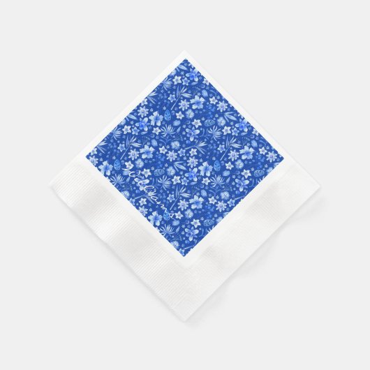 Name Tropical Flowers Cobalt Blue Coined Cocktail Servet (Hoek)