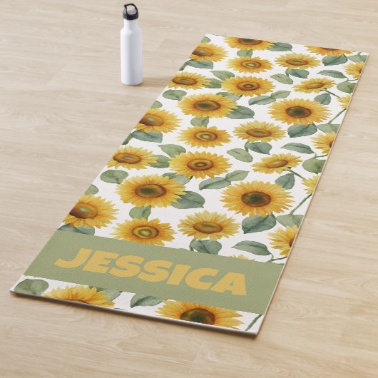 Name Watercolor Sunflower Floral Pattern Custom Yogamat (In situ)