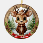 Name Whimsical Reindeer Rustic Holiday Tree 🦌🎄 Keramisch Ornament (Voorkant)