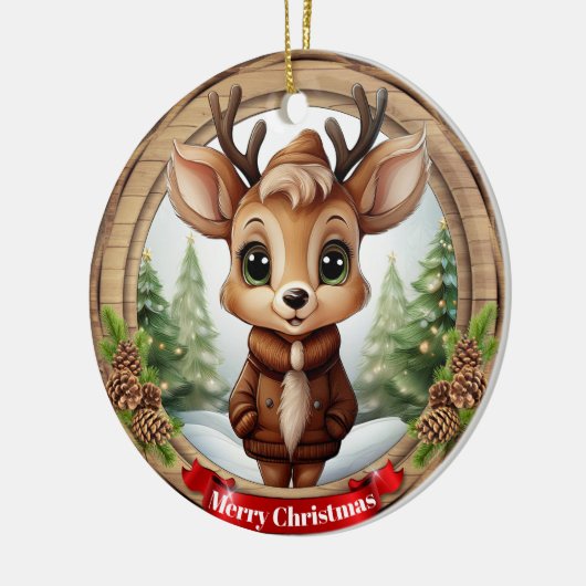 Name Whimsical Reindeer Rustic Holiday Tree 🦌🎄 Keramisch Ornament (Links)