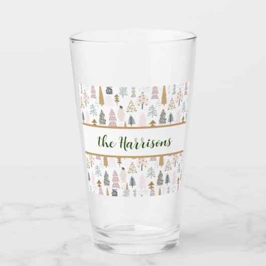 Name, Whimsical Winter Trees Pattern Pint Beer Glas (Voorkant)