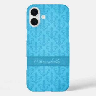 Named Fleur de Lis damask blue iPhone 16 Plus Hoesje