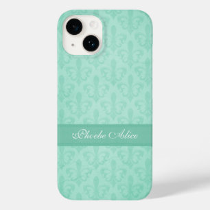 Named Fleur de Lis damask mint green Case-Mate iPhone 14 Hoesje