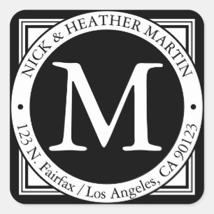Namen, Achternaam Initiaal & Retouradres   B&W Vierkante Sticker