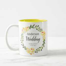 Namen & Datum Geel Waterverf Bloemen Bruiloft Tweekleurige Koffiemok