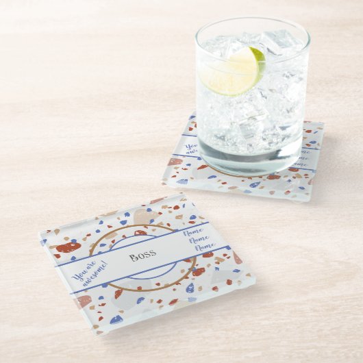 Namen | Earth Tones & Blues Terrazzo Patroon Baas Glazen Onderzetter (Schuin)