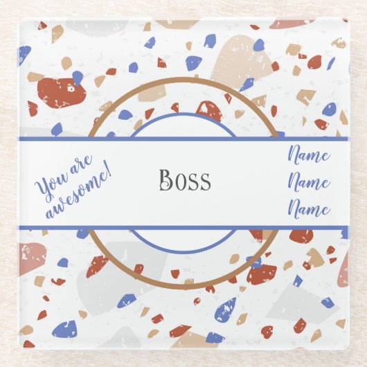 Namen | Earth Tones & Blues Terrazzo Patroon Baas Glazen Onderzetter (Voorkant)