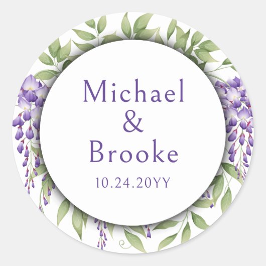 Namen Elegante Paarse Wisteria Bloemenbruiloft Ronde Sticker (Voorkant)