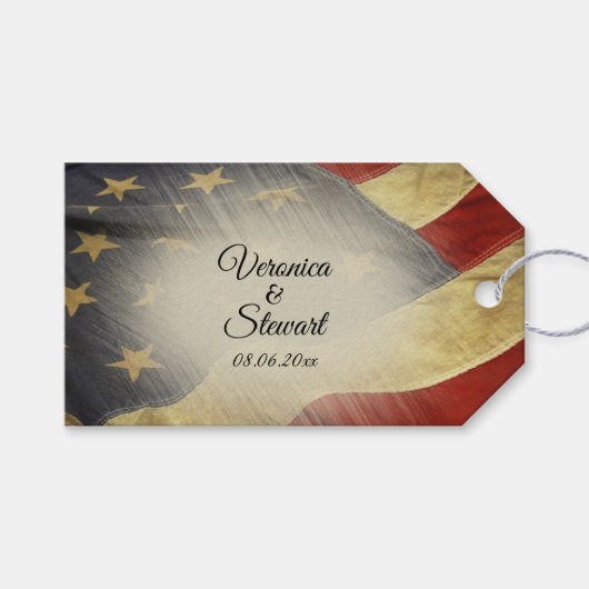 Namen en datum van de Amerikaanse vlag Cadeaulabel (Voorkant (Horizontaal))