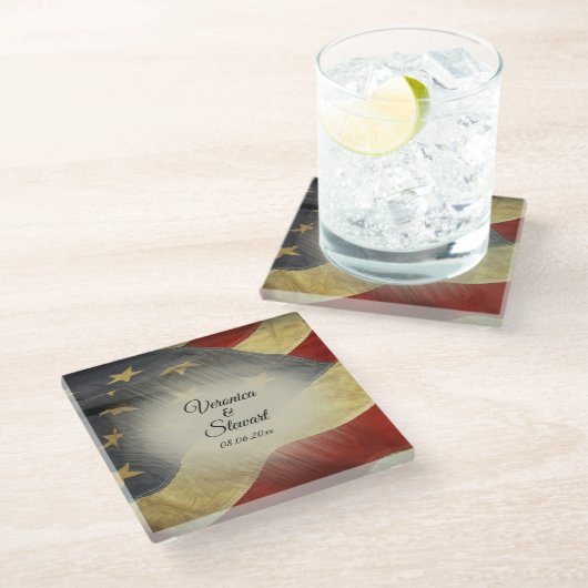 Namen en datum van de Amerikaanse vlag Glazen Onderzetter (Schuin)