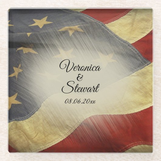 Namen en datum van de Amerikaanse vlag Glazen Onderzetter (Voorkant)