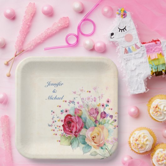 Namen en tekstweddenschap van Rozen personaliseren Papieren Bordje (Feest)